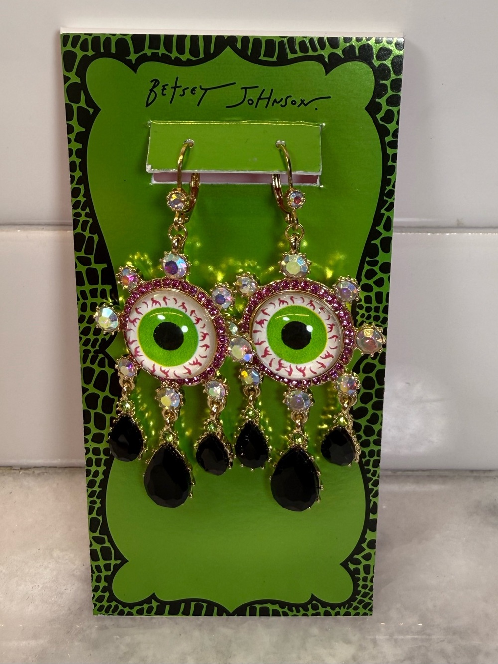 BETSEY JOHNSON DANGLE DROP EYEBALLS EARRINGS BLACK CRYSTAL TEARS MULTI COLOR NWT